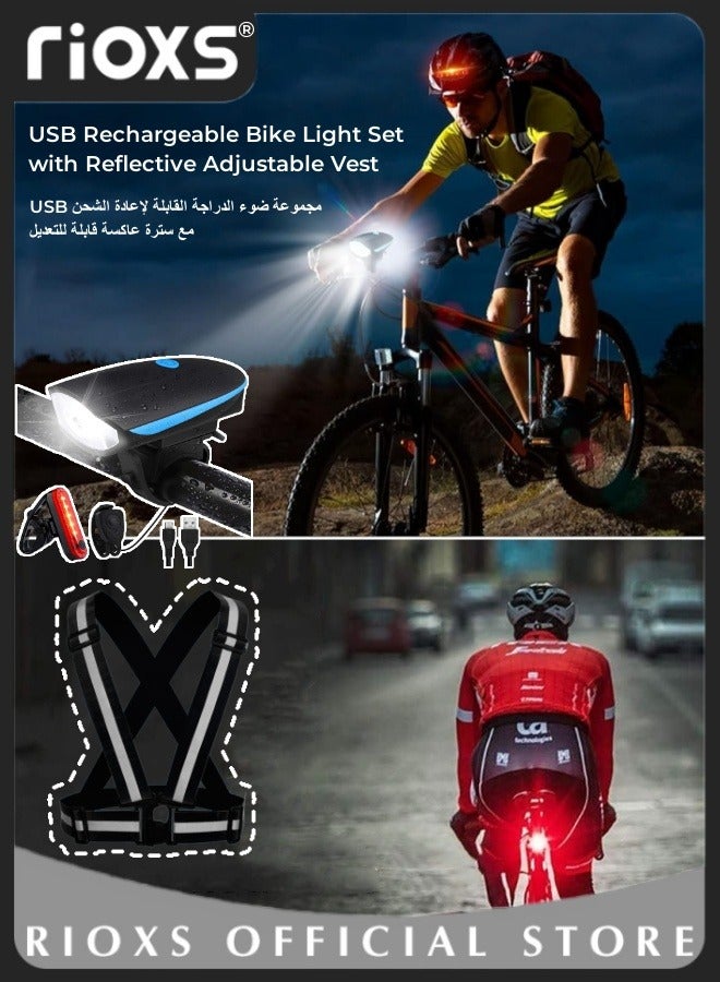 USB Rechargeable Bike Light Set And Reflective Running Vest,Ultra Bright Bicycle Lights With Horn And Headlight Tail Rear Reflectors,Bike Accessories For Night Riding,Waterproof Bicycle Accessories For Men Women Night Road Cycling