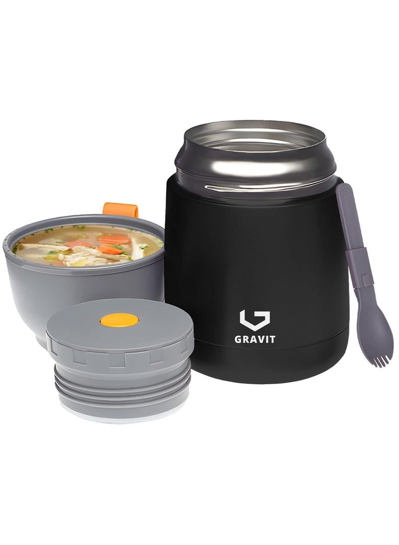 Insulated Food Jar Lunch Box 450ml - Stainless Steel Thermos with Folding Spoon, Keeps Food Hot/Cold, Leak-Proof, Ideal for Baby Food, School Lunches, Office Meals (Black)