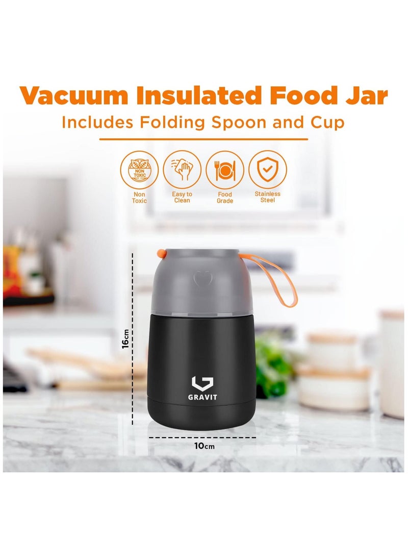 Insulated Food Jar Lunch Box 450ml - Stainless Steel Thermos with Folding Spoon, Keeps Food Hot/Cold, Leak-Proof, Ideal for Baby Food, School Lunches, Office Meals (Black)