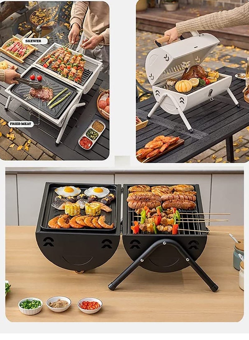 Portable Charcoal Grill With Cover And Chimney，Double Sided Barbecue，Tabletop BBQ Grill For Outdoor Camping Backyard Party Cooking (Metal : Black)