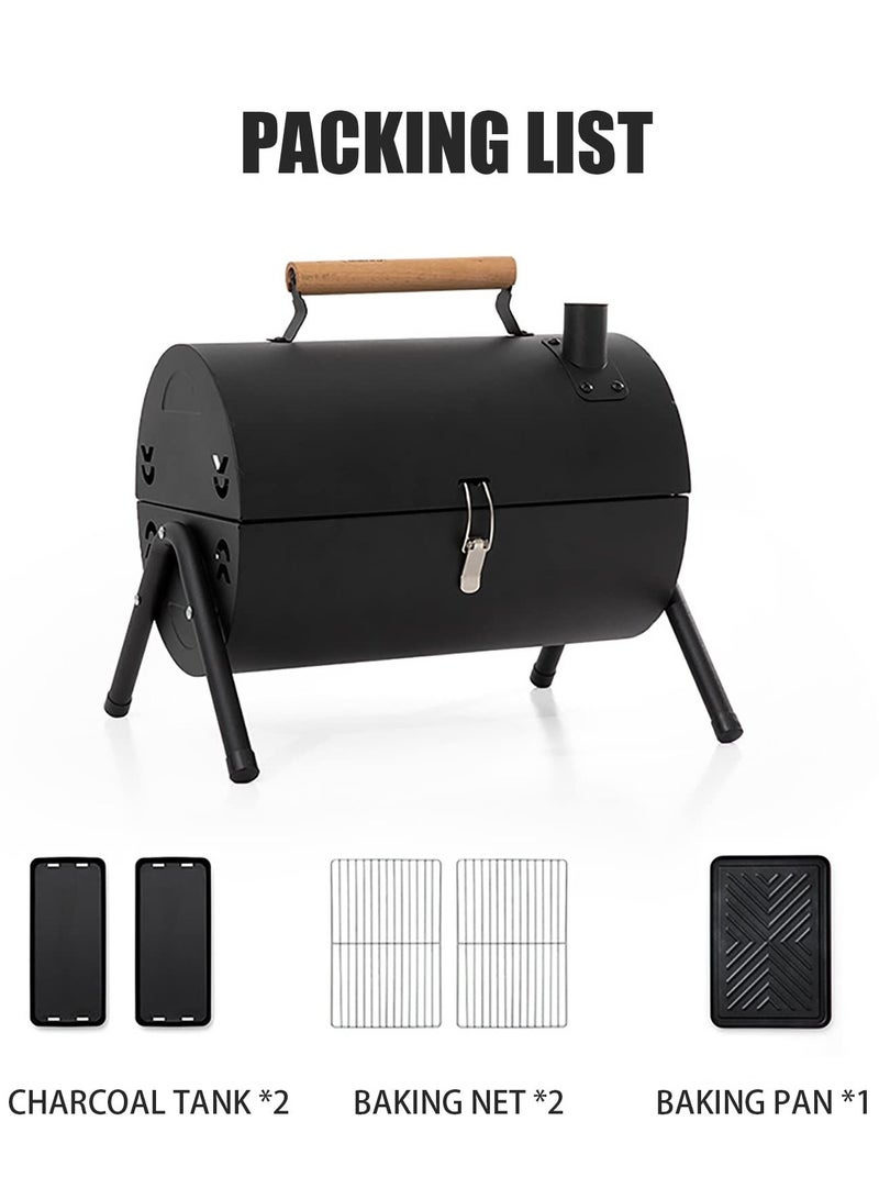 Portable Charcoal Grill With Cover And Chimney，Double Sided Barbecue，Tabletop BBQ Grill For Outdoor Camping Backyard Party Cooking (Metal : Black)