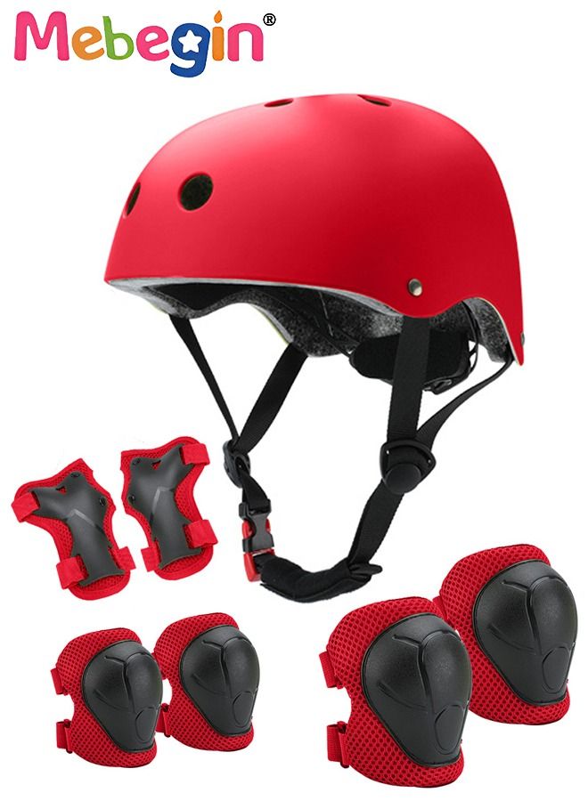 7 Pcs Multi-Sport Protective Gear Set with Adjustable Helmet Knee and Elbow Pads Wrist Guards fit for Multi Sports Scooter, Skateboarding, Biking, Roller Skating Red