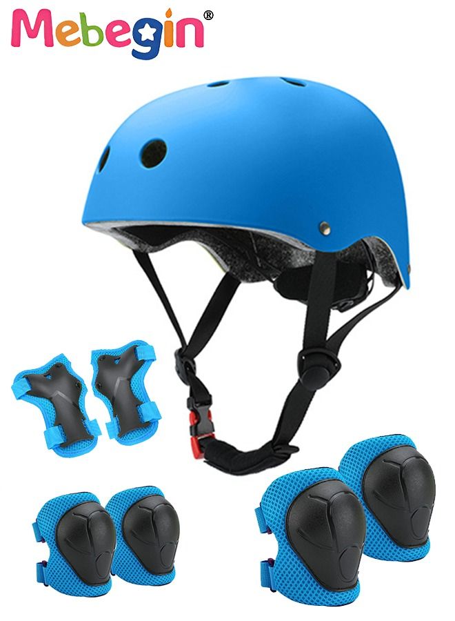 7 Pcs Multi-Sport Protective Gear Set with Adjustable Helmet Knee and Elbow Pads Wrist Guards fit for Multi Sports Scooter, Skateboarding, Biking, Roller Skating Blue