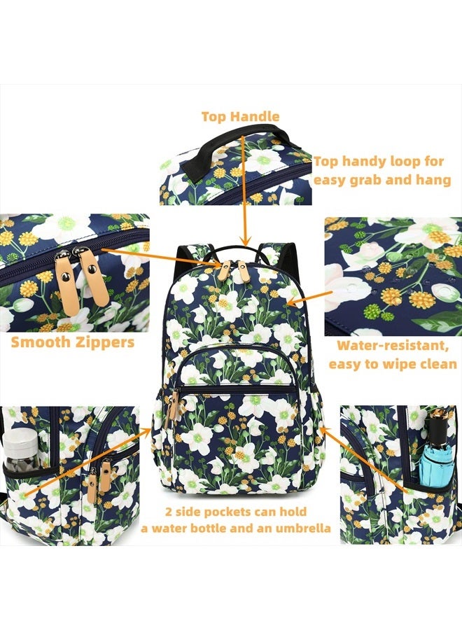 Water-resistant Floral Laptop Backpack Casual Travel Bag Satchel College Backpack Dark Blue