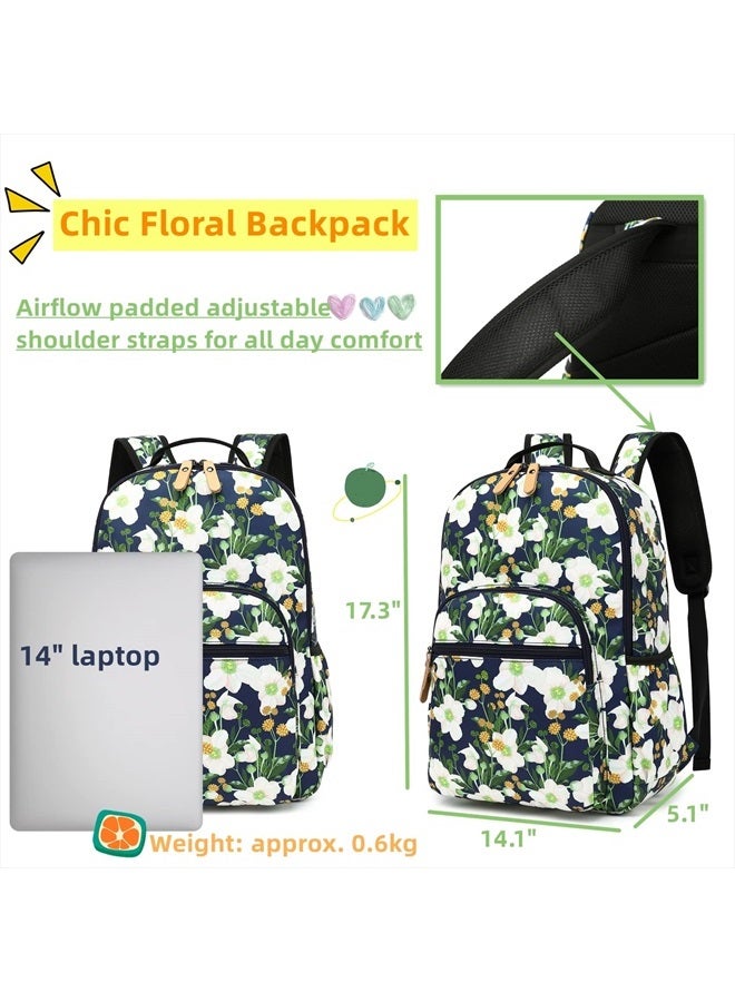 Water-resistant Floral Laptop Backpack Casual Travel Bag Satchel College Backpack Dark Blue