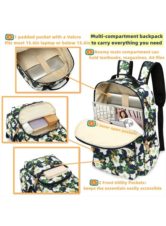 Water-resistant Floral Laptop Backpack Casual Travel Bag Satchel College Backpack Dark Blue