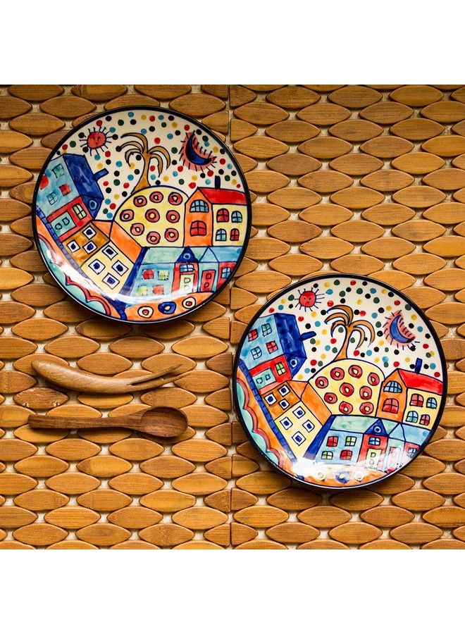 Hut Handpainted Ceramic Side Plates & Ceramic Plates For Dinner Quarter Plates (2 Pieces Dishwasher & Microwave Safe) Multicolor Standard (El 005 463)