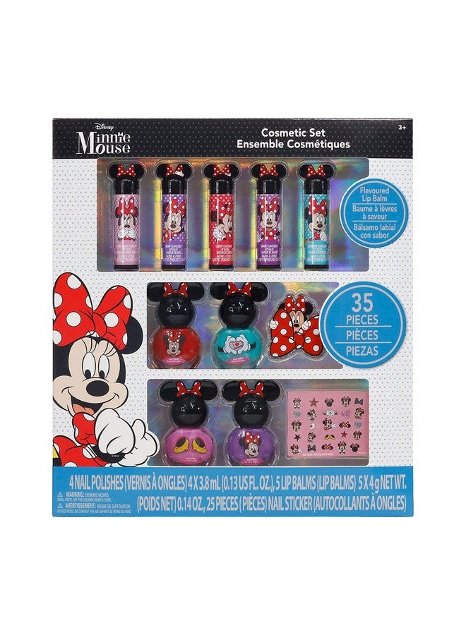 Disney Minnie Mouse Sparkly Cosmetic Makeup Set For Girls With Lip Balm Nail Polish Nail Stickers35 Pcs;Perfect For Parties Sleepovers Makeovers;Birthday Gift For Girls Above 3 Yrs