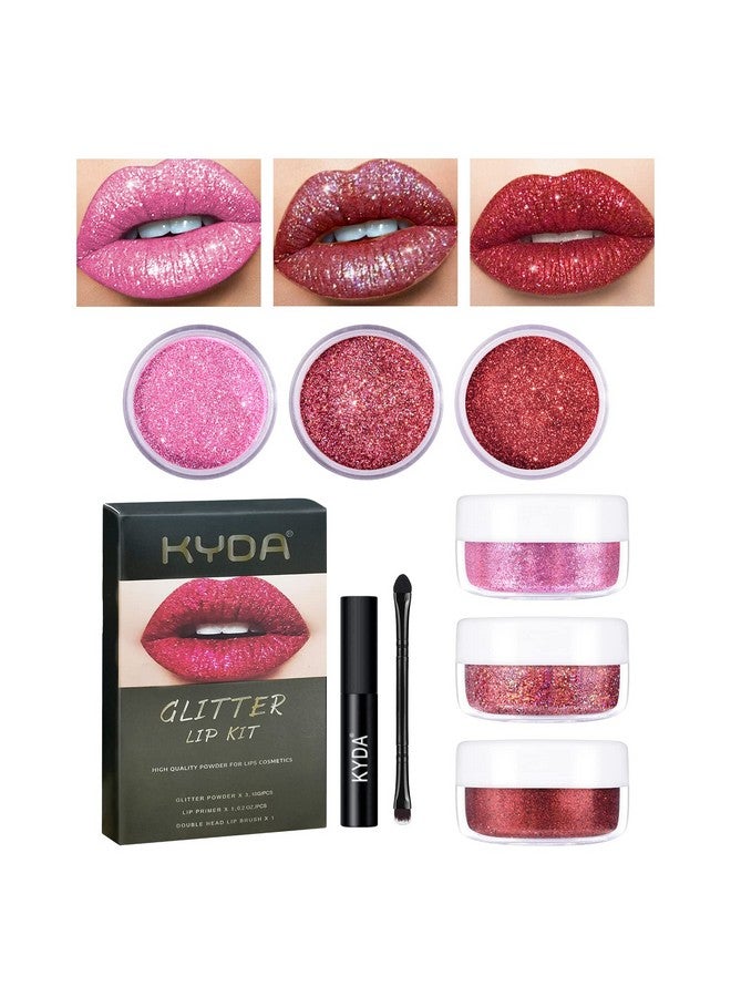 3 Colors Glitter Lip Kit Diamond And Glitter Metallic Lip Powder With Lip Primer Waterproof Long Lasting & Smudge Proof Upgrade Version Glitter Lip Cosmetic Without Sticky Flake Off Set A