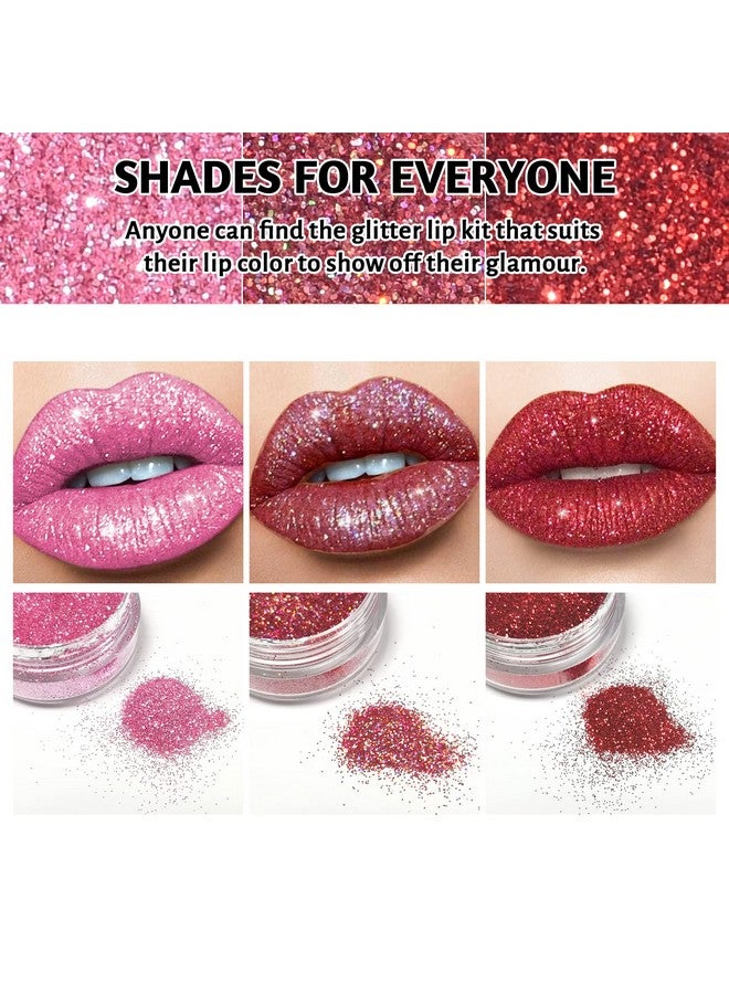 3 Colors Glitter Lip Kit Diamond And Glitter Metallic Lip Powder With Lip Primer Waterproof Long Lasting & Smudge Proof Upgrade Version Glitter Lip Cosmetic Without Sticky Flake Off Set A