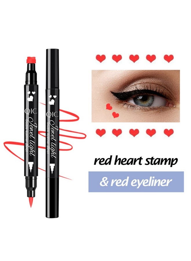 Red & Black Liquid Eyeliner And Heart Star Stamp Set│4 Pcs Winged Eye Liners And Fun Shapes Stamps Dual Ended 2 In 1 Eye Makeup Pen