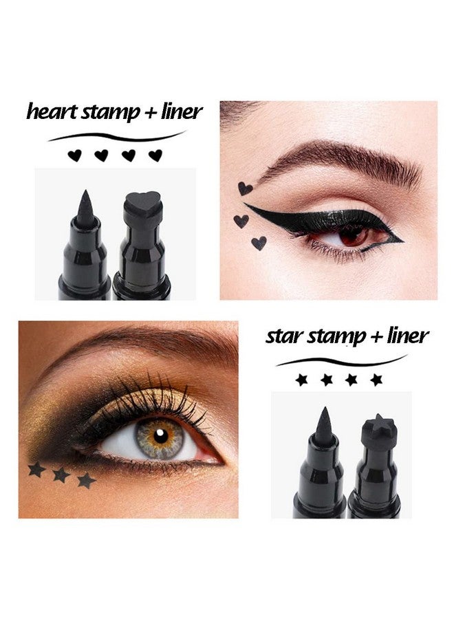 Red & Black Liquid Eyeliner And Heart Star Stamp Set│4 Pcs Winged Eye Liners And Fun Shapes Stamps Dual Ended 2 In 1 Eye Makeup Pen