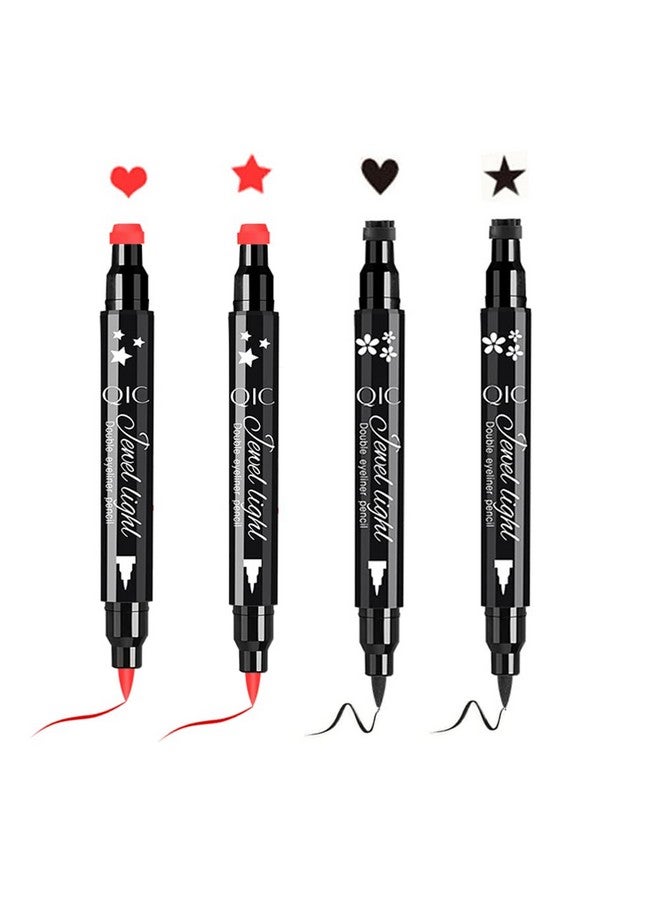 Red & Black Liquid Eyeliner And Heart Star Stamp Set│4 Pcs Winged Eye Liners And Fun Shapes Stamps Dual Ended 2 In 1 Eye Makeup Pen