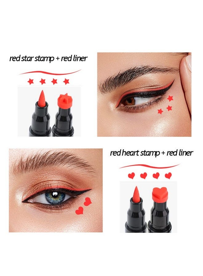 Red & Black Liquid Eyeliner And Heart Star Stamp Set│4 Pcs Winged Eye Liners And Fun Shapes Stamps Dual Ended 2 In 1 Eye Makeup Pen