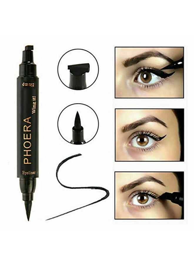 2 In 1 Wing Cat Eye Liner + Stamp Winged Long Lasting Liquid Eye Liner Waterproof & Smudge Proof Makeup Black Eyeliner Pen Winged Eyeliner Pencil Aquapurity (Thin Stamp)…