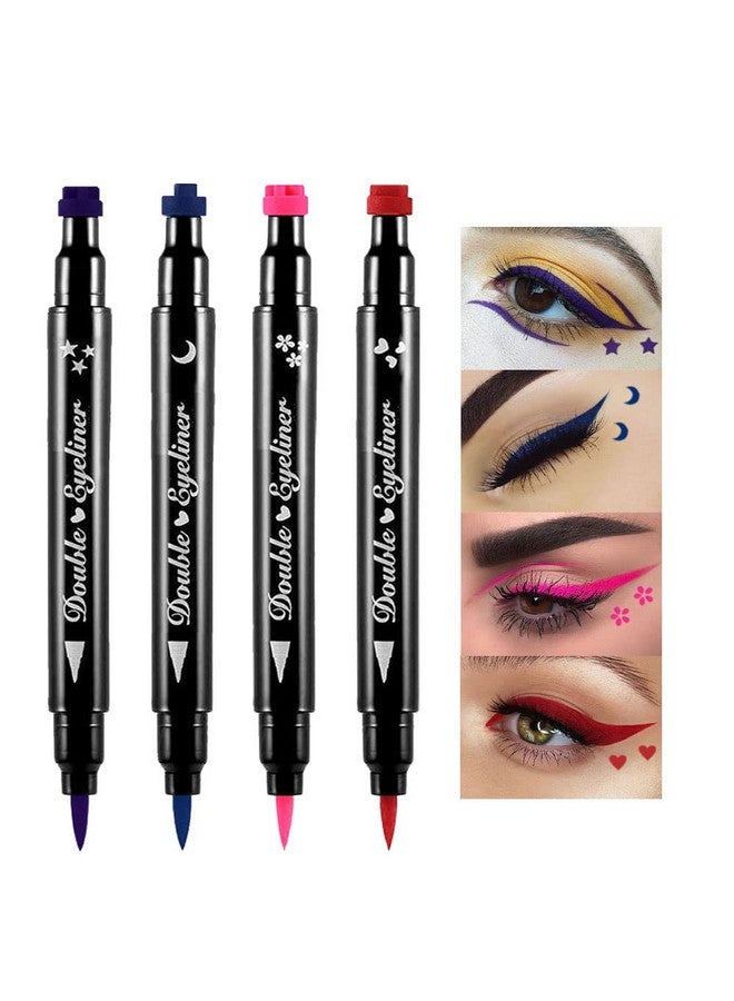 4Pcs Double Head Liquid Stamp Eyeliner Pencil 5 In 1 Pink Flowers Red Heart Blue Moon Purple Star Shapes Face Stamps Makeup Colorful Waterproof Slim Gel Felt Tip High Pigment Liquid Eyeliner & Seal