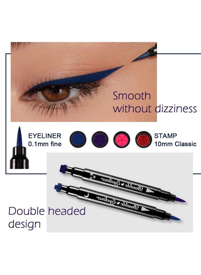 4Pcs Double Head Liquid Stamp Eyeliner Pencil 5 In 1 Pink Flowers Red Heart Blue Moon Purple Star Shapes Face Stamps Makeup Colorful Waterproof Slim Gel Felt Tip High Pigment Liquid Eyeliner & Seal