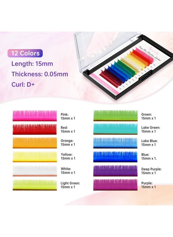 Colored Lash Extensions Rainbow Lashes Easy Fan 12 Colors Lashes Self Fanning Ombre Lash Extensions D+ Curl 0.05Mm Thickness 15Mm Dramatic Eyelashes Extension