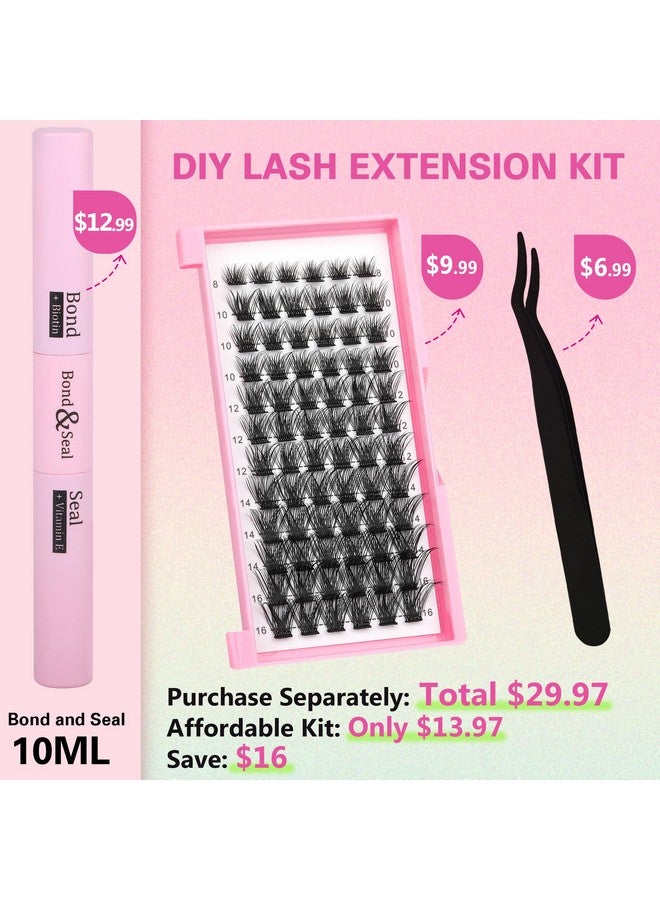 Diy Lash Extension Kit Clusters Eyelash Extension Kit Cluster Lashes With Waterproof Lash Bond And Seal Glue And Individual Eyelash Tweezers Diy At Home User Manual For Beginners (72Pcsd 8 16Mm))