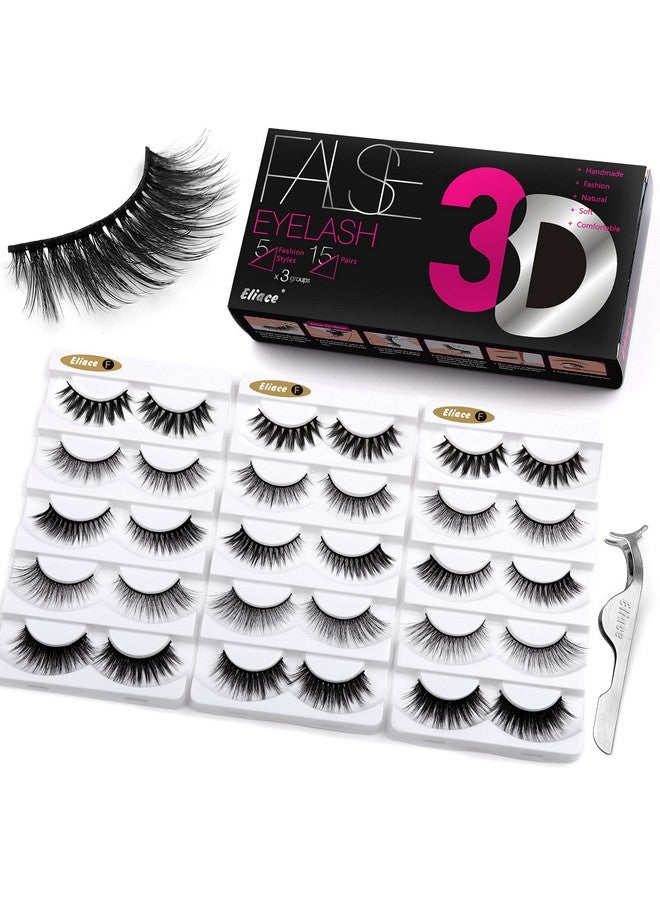 Lashes 5 Styles 15 Pairs Silk Mink Eyelashes Faux Mixed Fluffy Volume Cat Eye Lashes 3D Eyelashes Mink Luxury Multi Layered Effect & Reusable Wispies Lashes Bulk Cute Eye Lashes Sets Pack