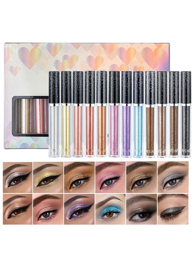 12 Colors Liquid Glitter Eyeshadow Set Multi Dimensional Metallic Glitter Shimmer Smokey Eye Looks Waterproof Long Lasting Quick Drying Sparkling Eye Shadow Makeup Kits