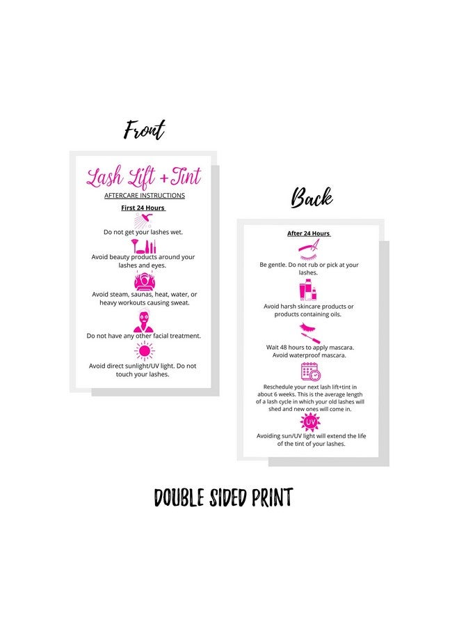 Lash Lift + Tint Aftercare Instruction Cards ; 50 Pack ; 2 X 3.5” Inches Business Card Size ; Eyelash Lift And Tint Kit At Home Diy Aftercare Supplies ; White With Pink Icon Design
