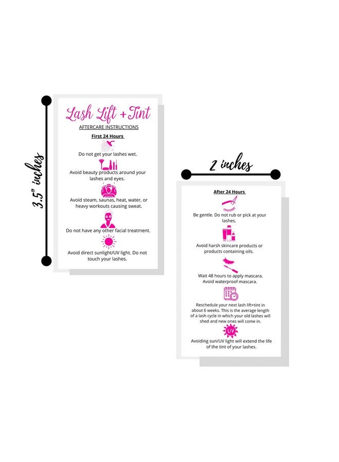 Lash Lift + Tint Aftercare Instruction Cards ; 50 Pack ; 2 X 3.5” Inches Business Card Size ; Eyelash Lift And Tint Kit At Home Diy Aftercare Supplies ; White With Pink Icon Design