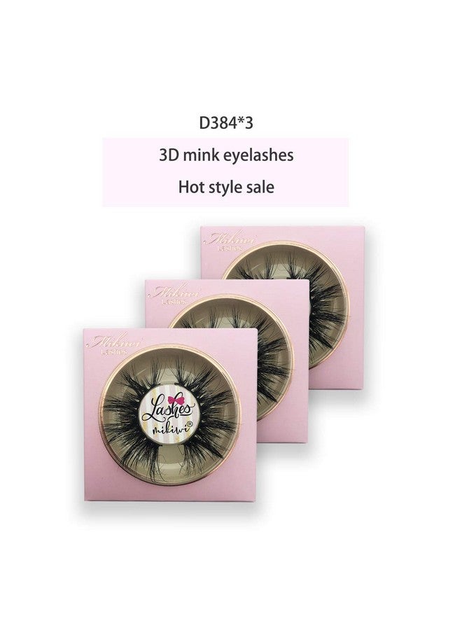 Mink Lashes Mikiwi 3 Pairs Eyelashes D384 3 Real Mink Eyelashes Fluffy Mink Lashes Thick Handmade Full Strip Lashes Cruelty Free Luxury Makeup Dramatic Lashes 20Mm 3D Mink Lashes