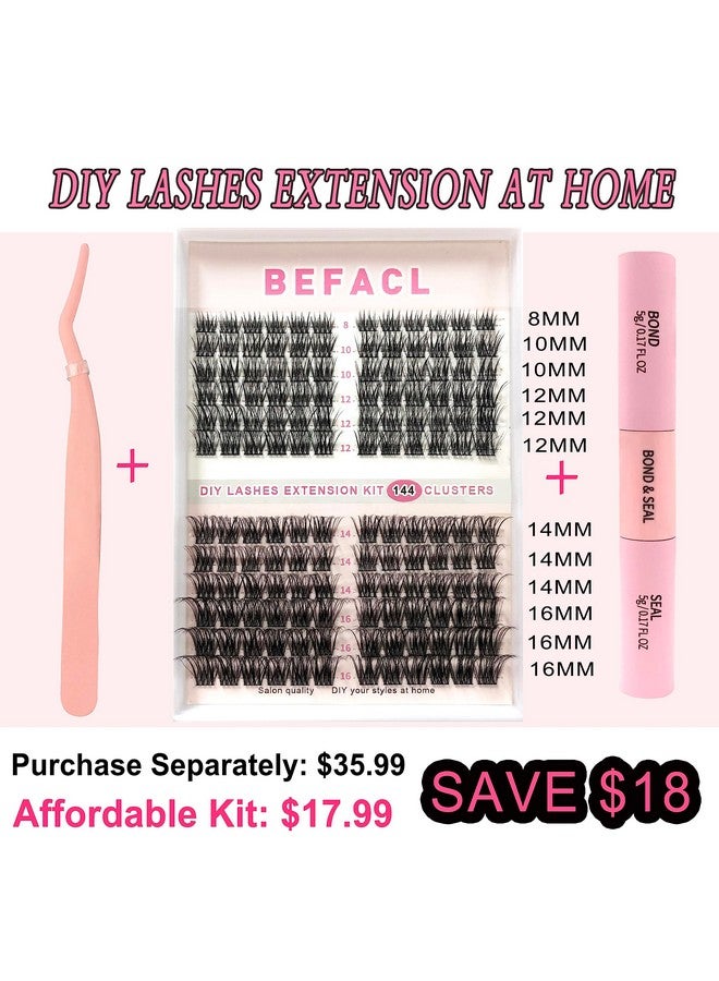 Diy Lash Extension Kit 144 Pcs Lash Clusters Diy With Lash Bond And Seal Eyelash Tweezer 8 16Mm Individual Lashes D Curl Cluster Eyelash Extension Kit At Home By Befacl