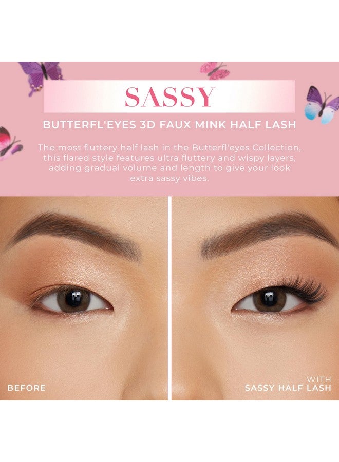 Butterfl'Eyes Sassy Faux Mink Lashes ; Half Lashes Natural Look & Feel ; False Eyelashes Light & Comfortable ; Reusable Eyelashes 20X ; No Trimming + Easy To Apply ; Round Style ; 13Mm