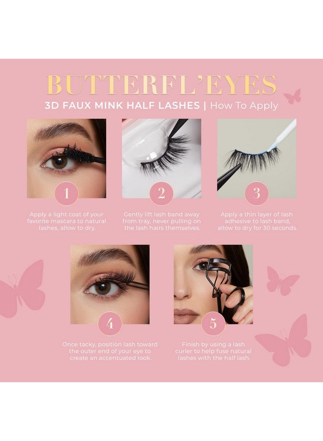 Butterfl'Eyes Sassy Faux Mink Lashes ; Half Lashes Natural Look & Feel ; False Eyelashes Light & Comfortable ; Reusable Eyelashes 20X ; No Trimming + Easy To Apply ; Round Style ; 13Mm