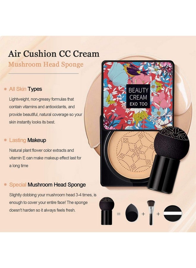 Air Cushion Cc Cream Mushroom Head Moisturizing Concealer Makeup Base Primer Liquid Foundation Long Lasting With Two Mushroom Makeup Sponges 【Natural】【Screw Lid】