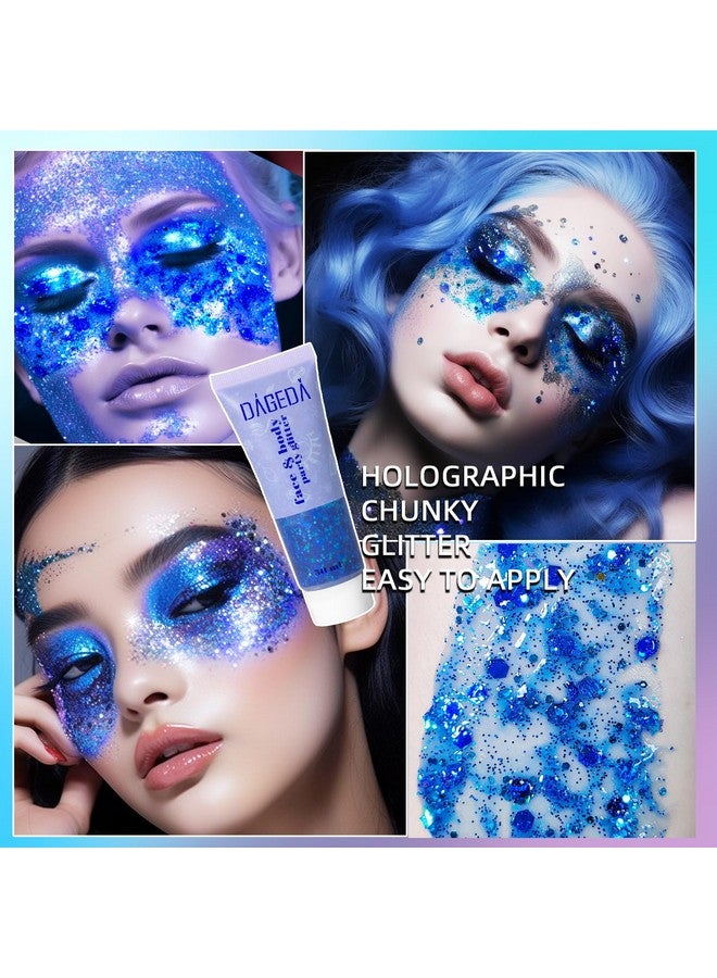 Body Glitter Gel Face Glitters Body Gel Sequins Shimmer Liquid Eyeshadow Chunky Glitter For Face Hair Nails Holographic Cosmetic Laser Powder Festival Glitter Makeup 50Ml(Blue)