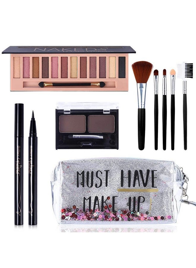 All In One Makeup Kit12 Colors Nude Shimmer Eyeshadow Palette Waterproof Black Eyeliner Pencil Duo Pressed Eyebrow Powder Kit 5 Brushes With Quicksand Cosmetic Bag Gift Set