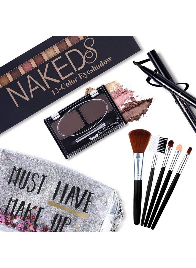 All In One Makeup Kit12 Colors Nude Shimmer Eyeshadow Palette Waterproof Black Eyeliner Pencil Duo Pressed Eyebrow Powder Kit 5 Brushes With Quicksand Cosmetic Bag Gift Set