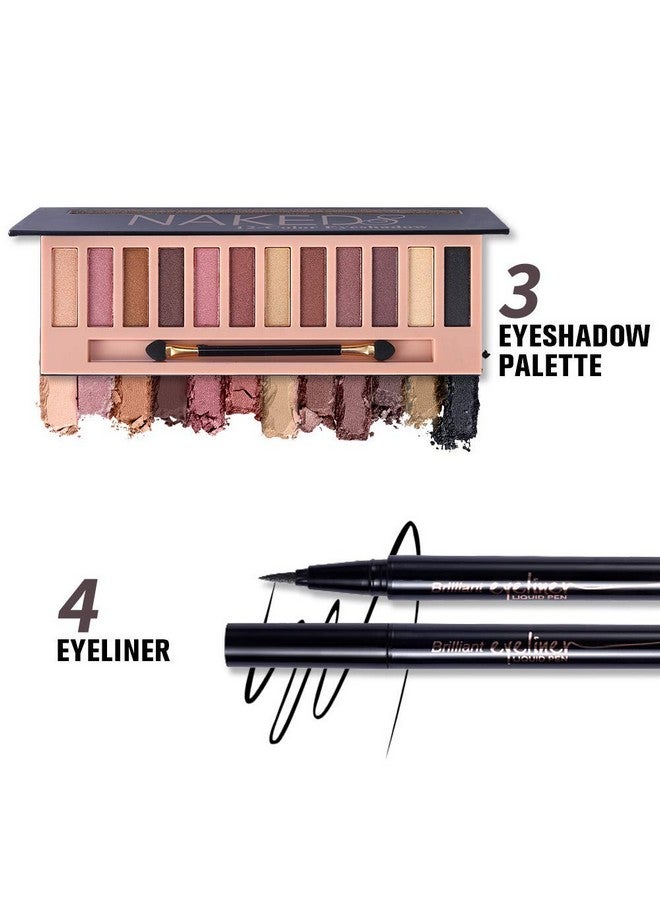All In One Makeup Kit12 Colors Nude Shimmer Eyeshadow Palette Waterproof Black Eyeliner Pencil Duo Pressed Eyebrow Powder Kit 5 Brushes With Quicksand Cosmetic Bag Gift Set