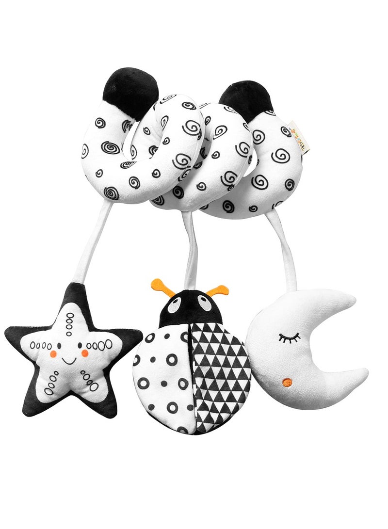 Baby Car Seat Toy, Black and White Plush Spiral Hanging Rattle Toy for Stroller, Beetle