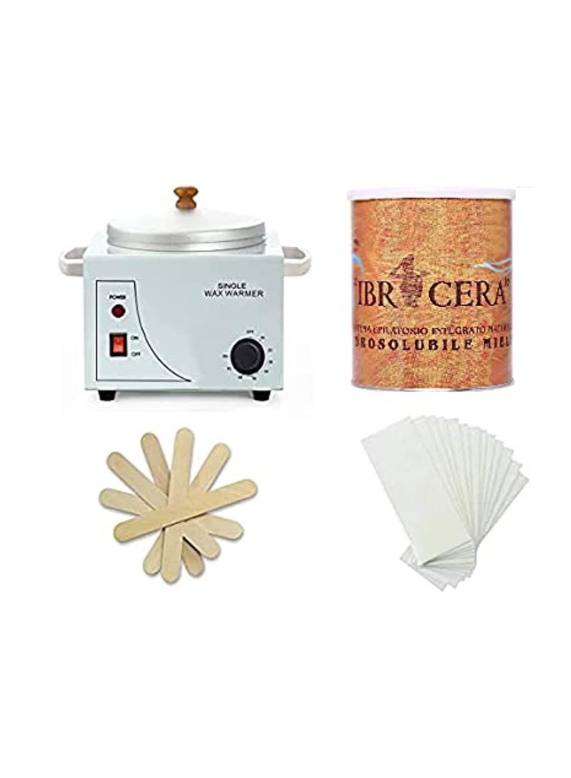 Complete Waxing Kit with Single Wax Heater 600ml Dark Honey Wax 100 Pcs Wax Paper Strip and 10 Pcs Wood Spatula