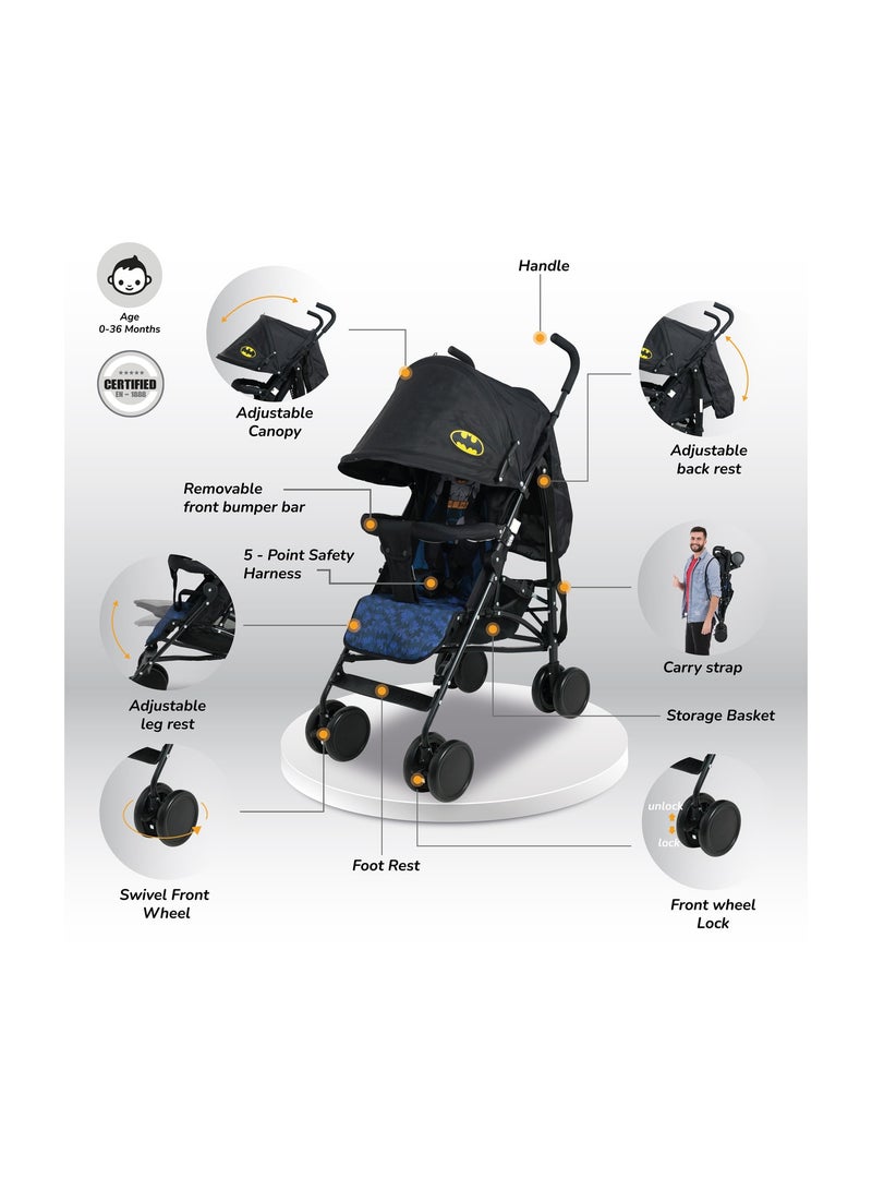 Warner Bros Batman Baby Stroller Storage Cabin  Compact Design, Shoulder Strap Adjustable Reclining Seat