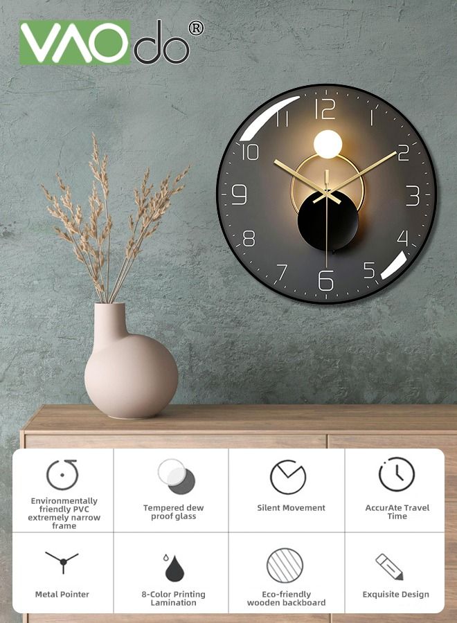 12 Inch Wall Clock Silent Quartz Clock Tempered Anti-Fog Glass Accurate Travel Time Home Decoration Clock Suitable for Bedroom Kitchen Living Room Office