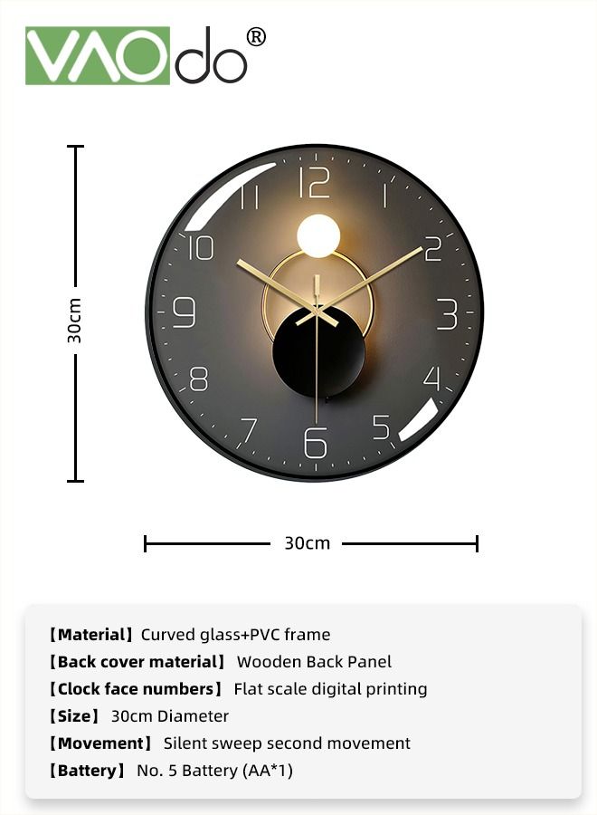 12 Inch Wall Clock Silent Quartz Clock Tempered Anti-Fog Glass Accurate Travel Time Home Decoration Clock Suitable for Bedroom Kitchen Living Room Office