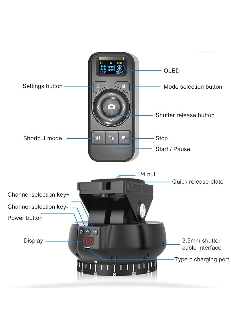 Motorized Pan Tilt Head, 360° Rotation Panoramic Wireless Remote Control Professional Multifunctional Head for Mobile Phone Camera, Max.1Kg Load