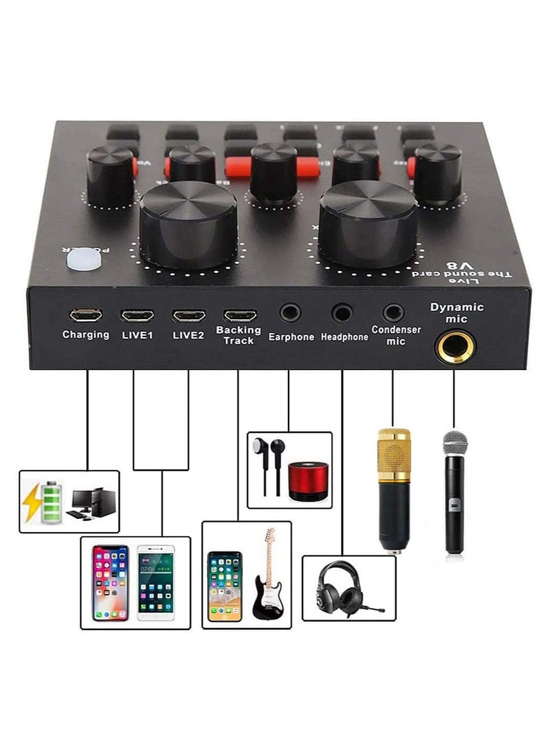 V88 Sound Card Mixer USB External Live Sound Card Anchor Network Interface Type for Mobile Phone & PC Laptop