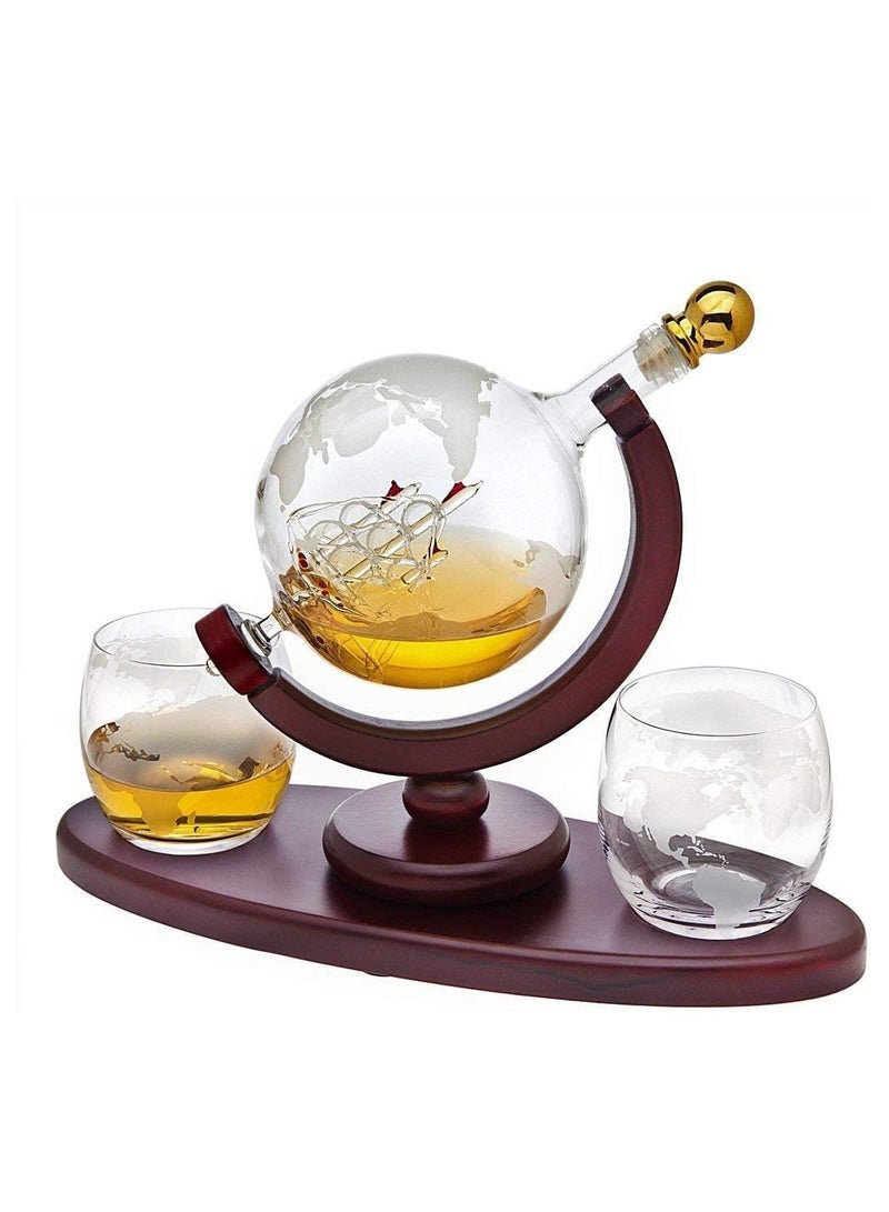 Decanter Globe Set with 2 Glasses Reusable Stone Ice Cubes Wooden Stand Pouring Funnel 900 Ml (B)