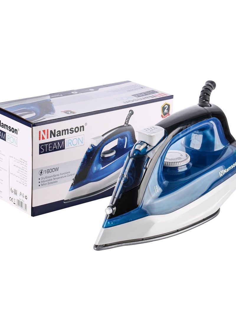 Namson Steam Iron - 1600W Power, Adjustable Temperature Control, Teflon Soleplate | Dry/Steam/Spray Functions | Vertical Steam | Self-cleaning Function | 1.5m Long Cable | Water Cup Included