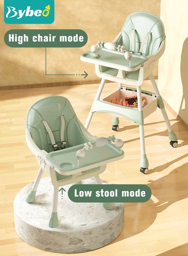 Baby High Chair for Toddlers, Foldable Children Highchairs, Dining Booster Seats with Adjustable Seat Height & Backrest, 4 Wheels and Removable Tray