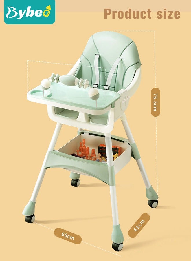 Baby High Chair for Toddlers, Foldable Children Highchairs, Dining Booster Seats with Adjustable Seat Height & Backrest, 4 Wheels and Removable Tray