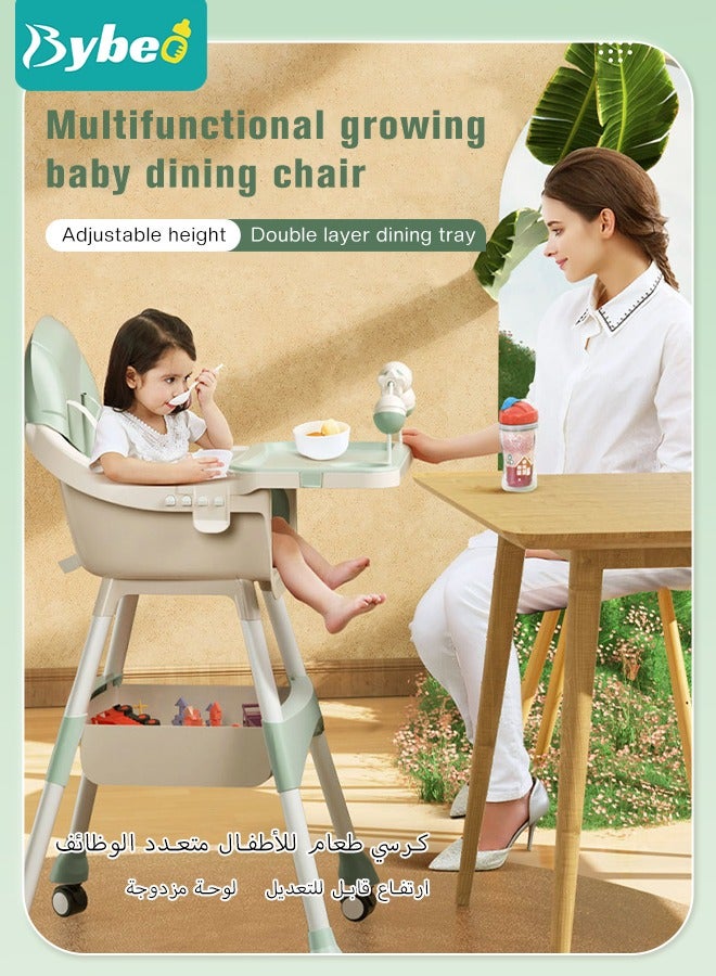 Baby High Chair for Toddlers, Foldable Children Highchairs, Dining Booster Seats with Adjustable Seat Height & Backrest, 4 Wheels and Removable Tray