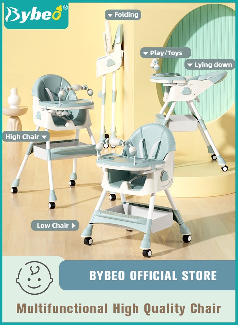 Baby High Chair for Toddlers, Foldable Children Highchairs, Dining Booster Seats with Adjustable Seat Height & Backrest, 4 Wheels and Removable Tray