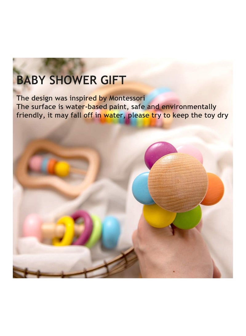 Organic Colorful Wooden Baby Rattles Set, 4 Pcs Montessori Toys for Babies, Rattle Soother Bracelet Teether Toys for Newborn Babies 0-6-12 Months, Perfect Toddler Shower Gift